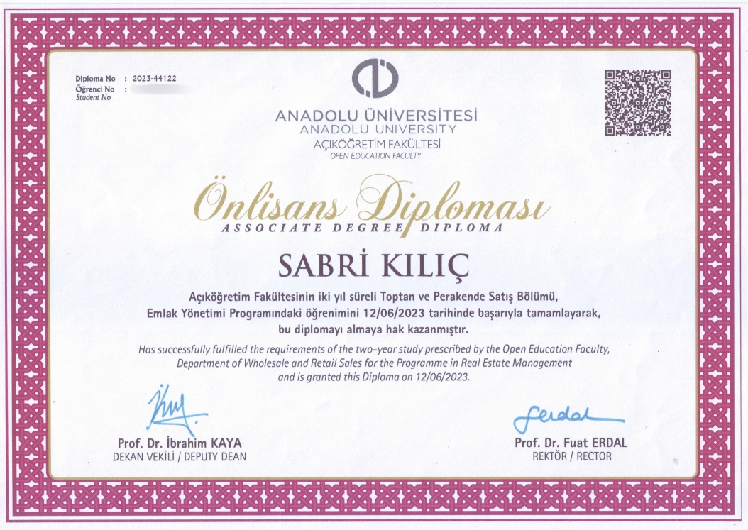 Anadolu Üniversitesi Emlak Yönetimi Ön Lisans Diploması