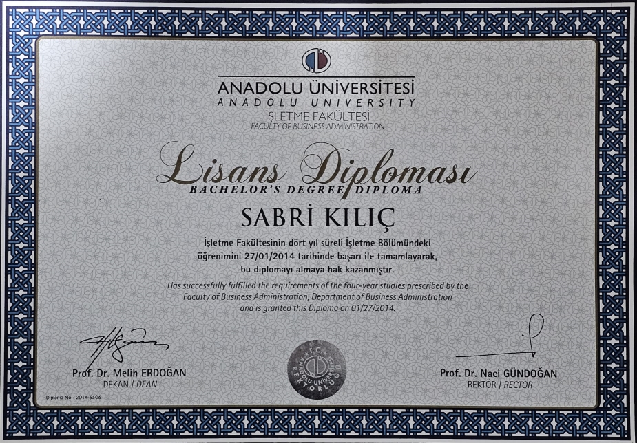 Anadolu Üniversitesi İşletme Fakültesi Lisans Diploması