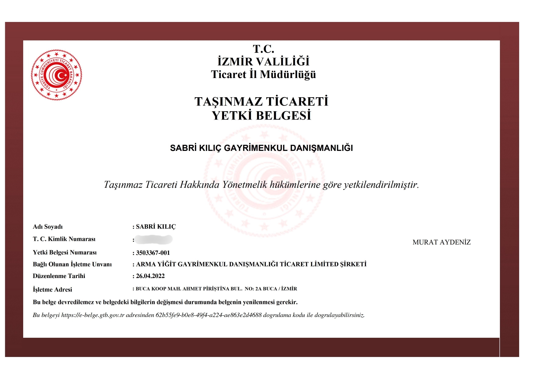 Taşınmaz Ticareti Yetki Belgesi
